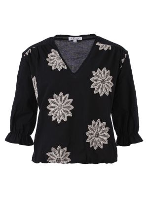 Blouson blouse 3/4 mw embroidery Zwart