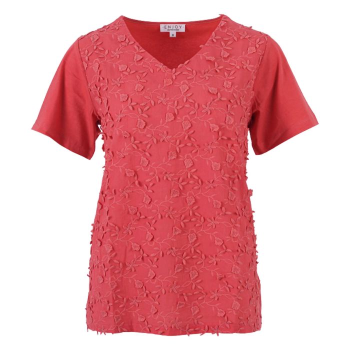 T shirt km v-hals embroidery Koraal
