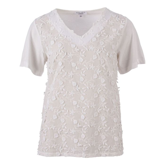 T shirt km v-hals embroidery Ecru